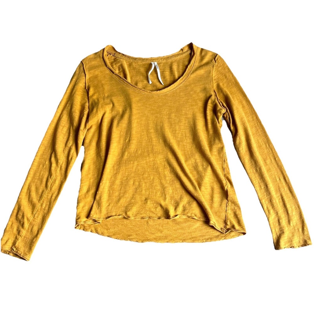 By Anthropologie Small Slub Knit Top Mustard‎ Raw Hem Long Sleeve Scoop Neck
